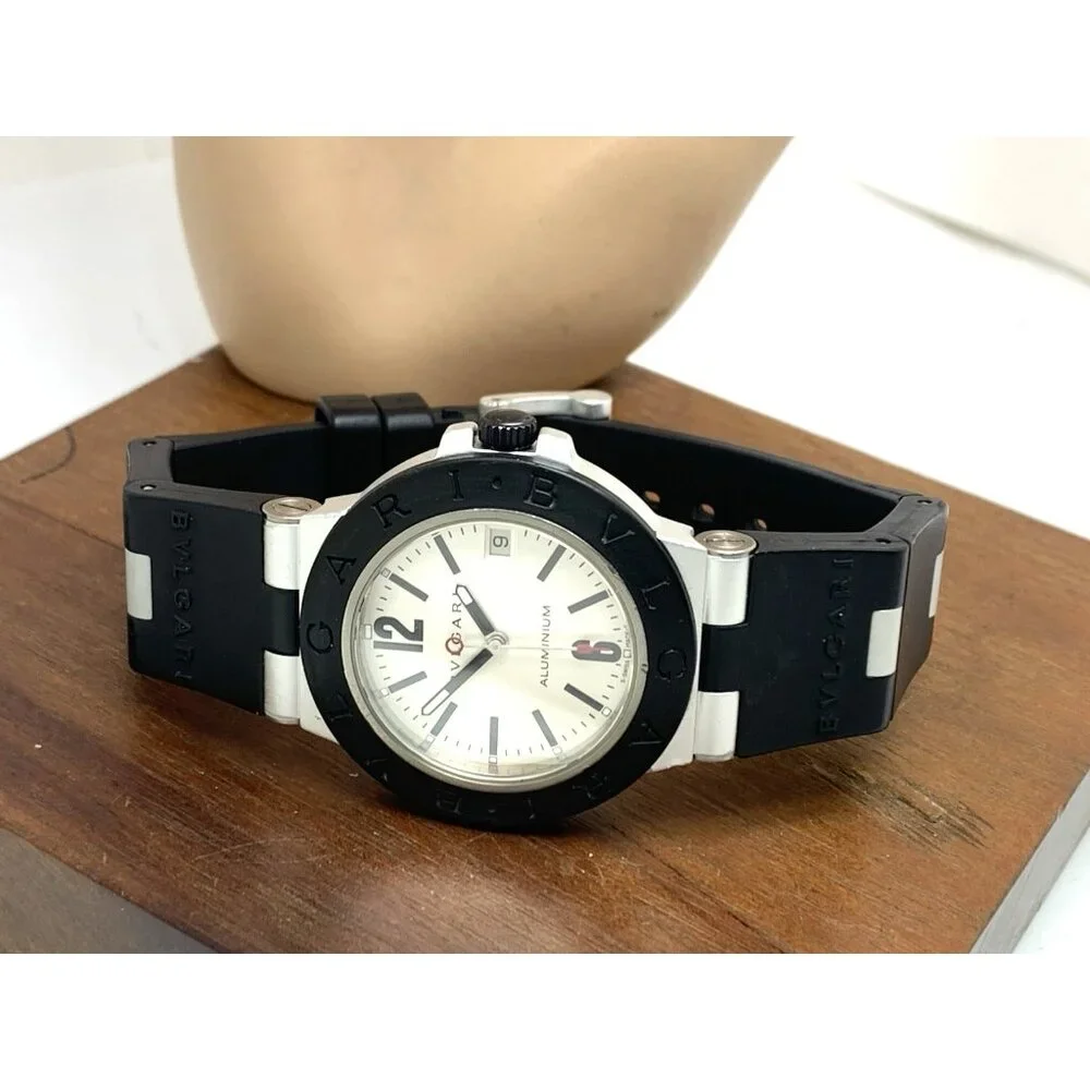 Bvlgari Men's Watch AL38A Aluminum Swiss Automatic Silver Dial Black Rubber 38mm